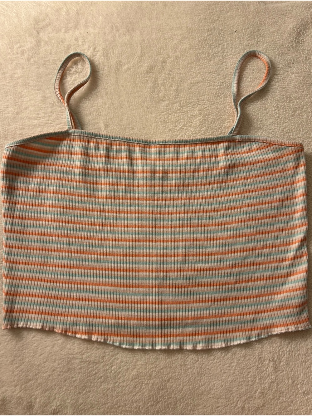 Ardene Striped Ribbed Spaghetti Strap Crop Top - Orange & Light Blue